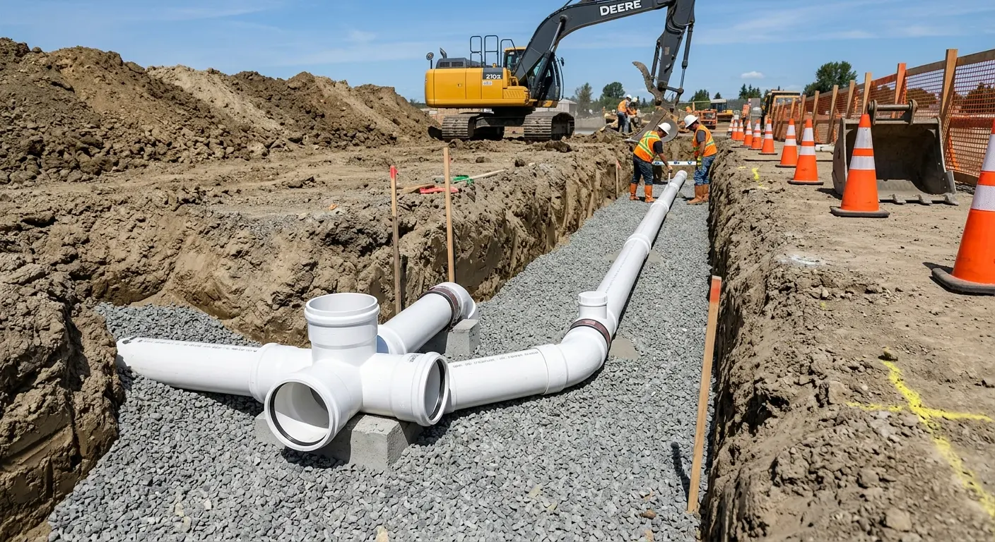 New PVC sewer pipe installation in open trench for Commercial Drain Cleaning in Spring Hill