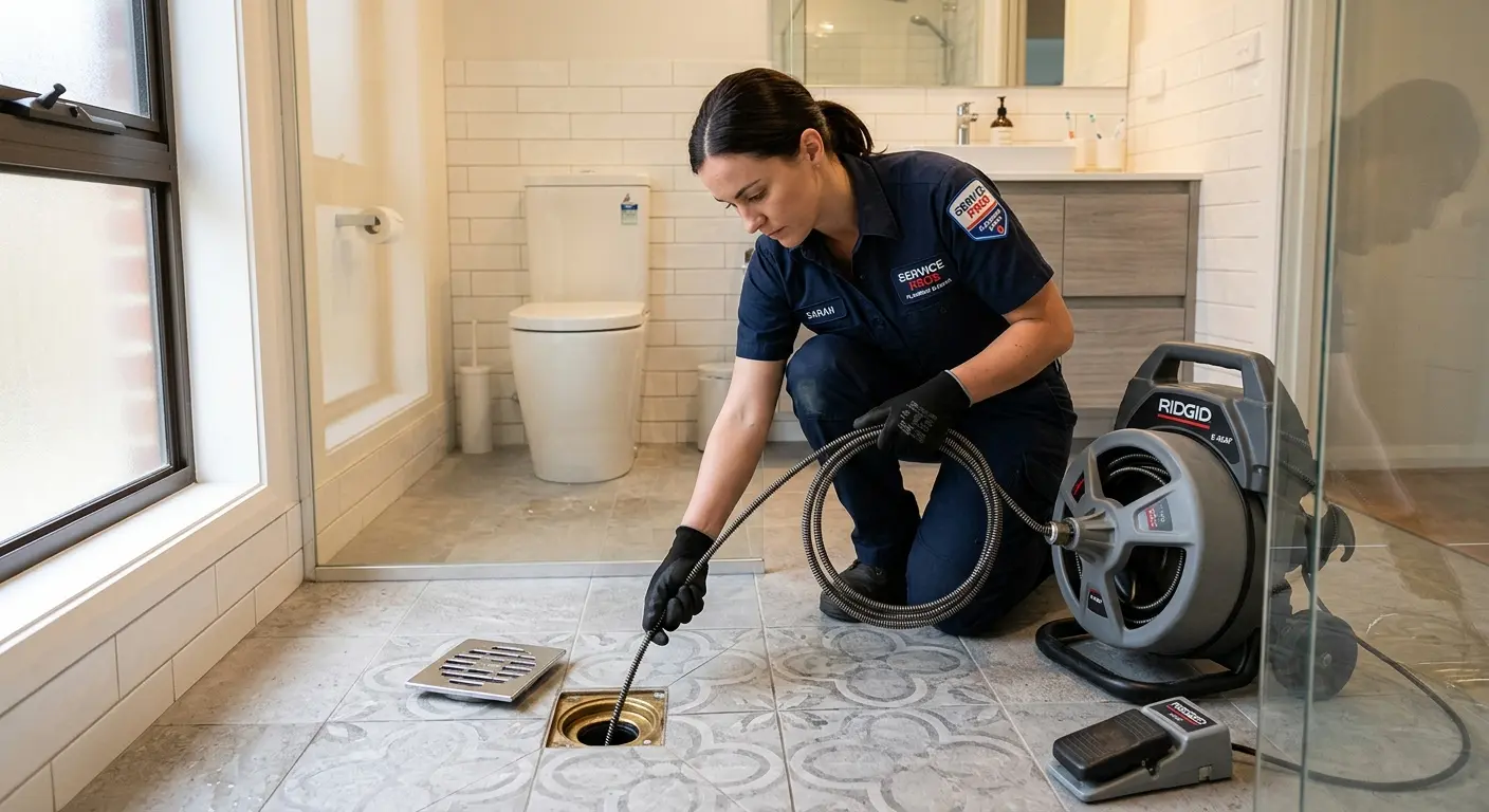 Technician clearing a bathroom floor drain for Sewer Line Replacement in Spring Hill